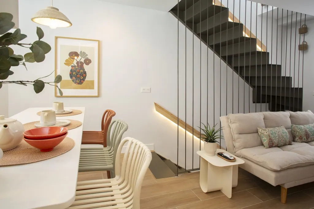 Casa Vacacional Sala de estar moderna con escaleras suspendidas y comedor integrado