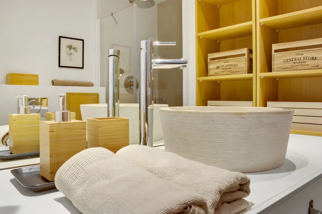 Ático en la Carihuela Baño moderno con lavabo blanco, grifería cromada y estanterías amarillas de madera