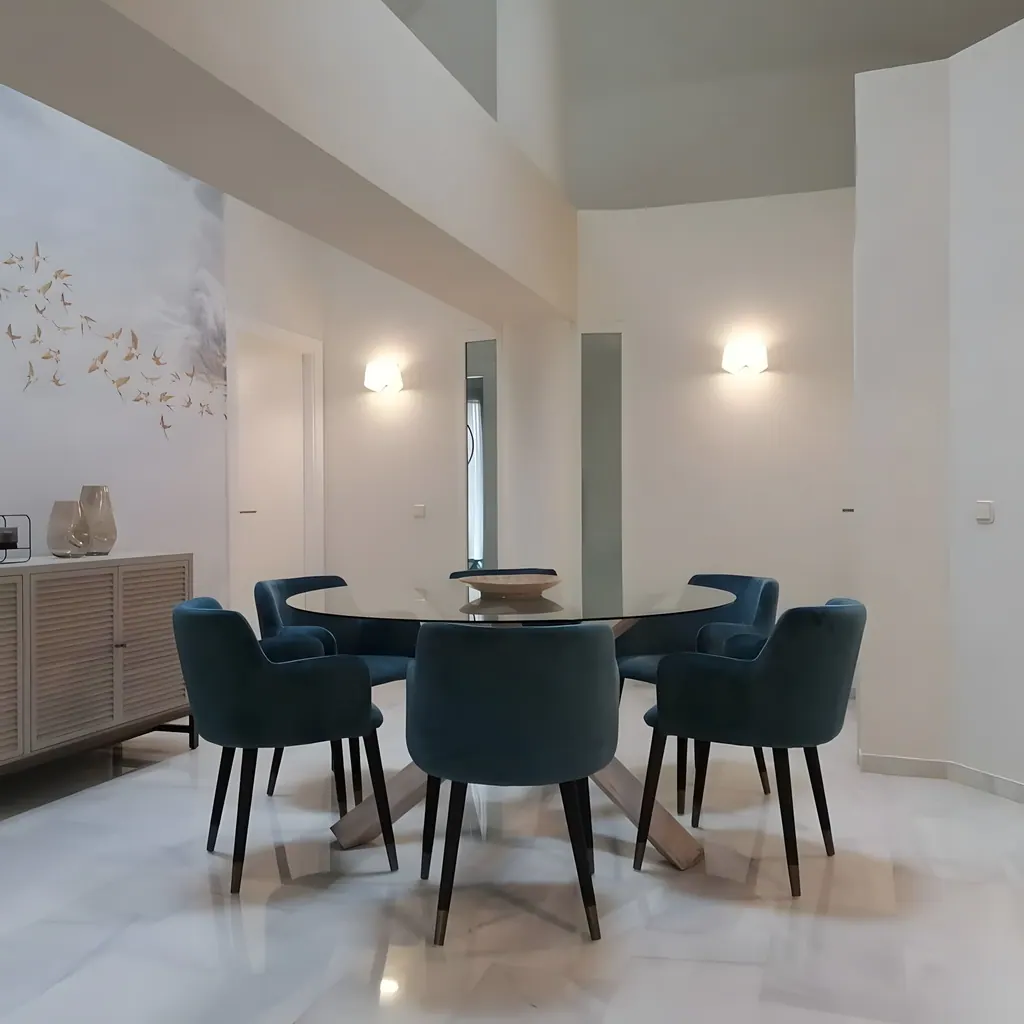 Chalet Unifamiliar Comedor moderno con sillas azules y mesa redonda de cristal