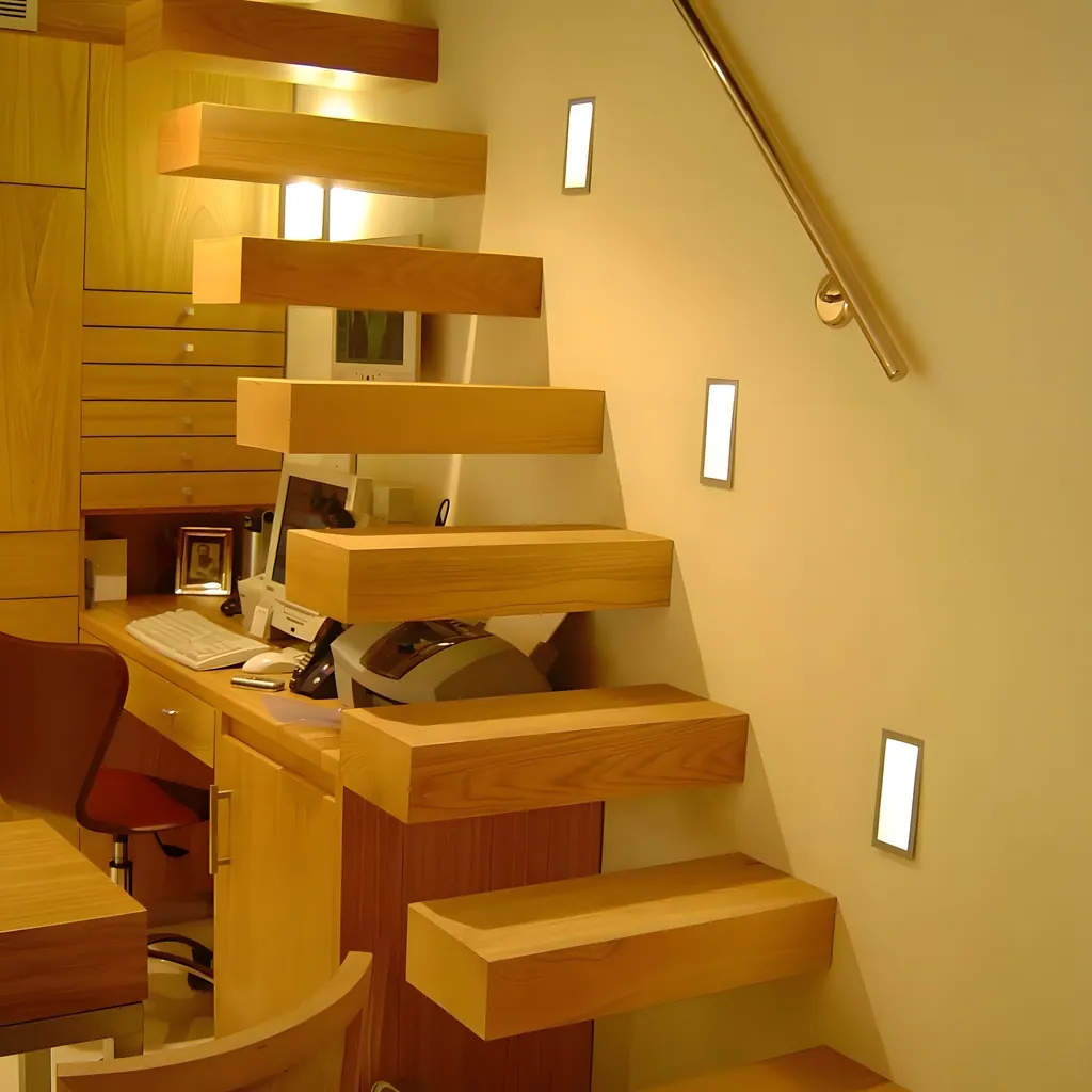 Comerciales Escalera flotante de madera con iluminación LED integrada en pared
