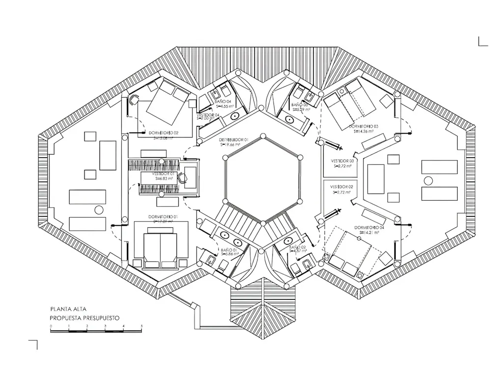Villa Nueva Andalucía Plano arquitectónico de planta alta con dormitorios y vestidor central hexagonal